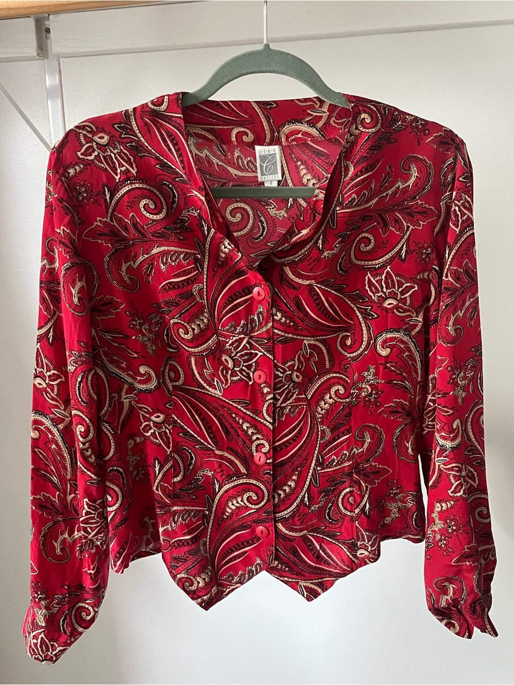 Cleo Petites Women's Red Paisley Button-Front Silk Blouse Size 8